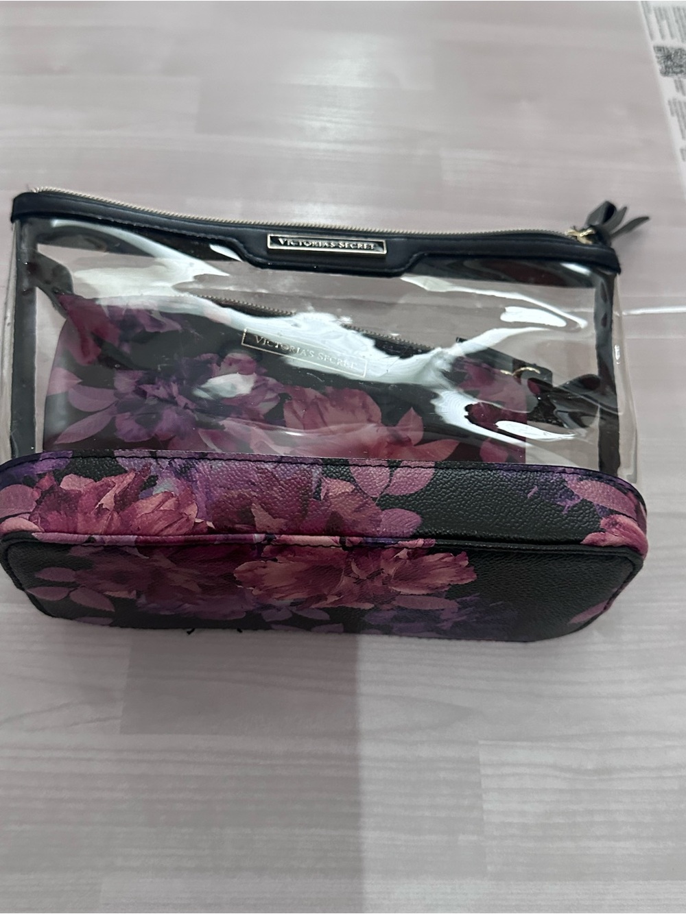 Victoria's Secret Clear Cosmetic Pouch with Purple Floral Insert